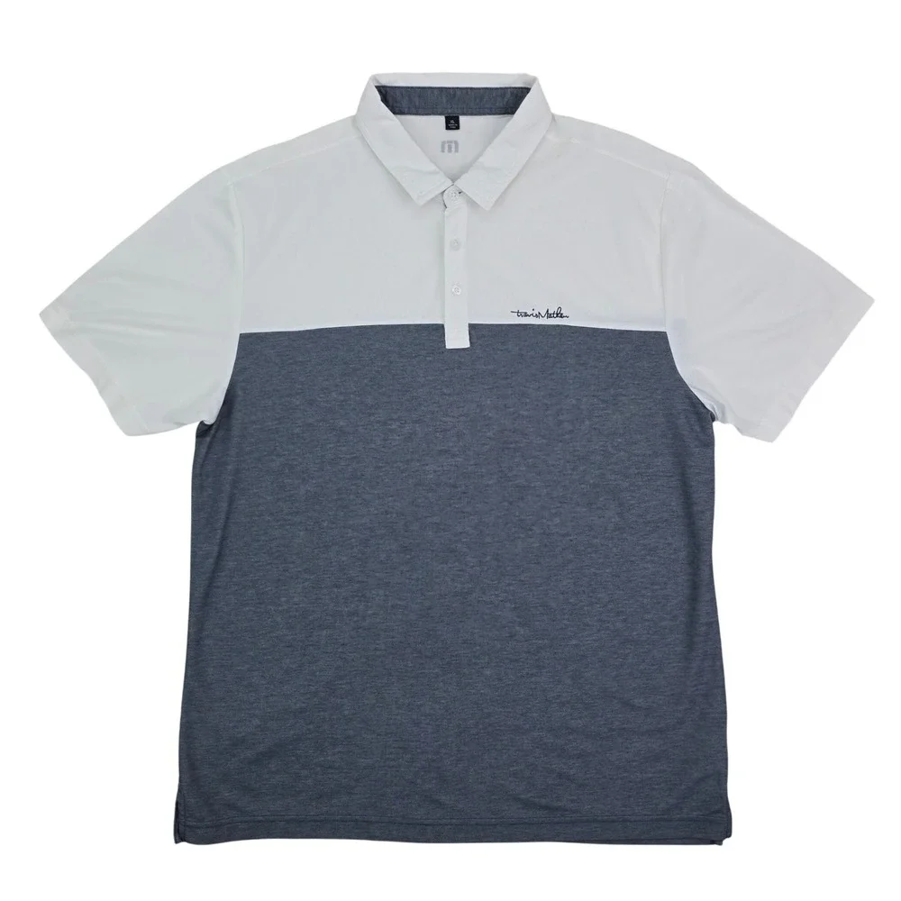 Travis Mathew Colorblock Polo Shirt Mens XL White Blue Pima Cotton Golf Luxury